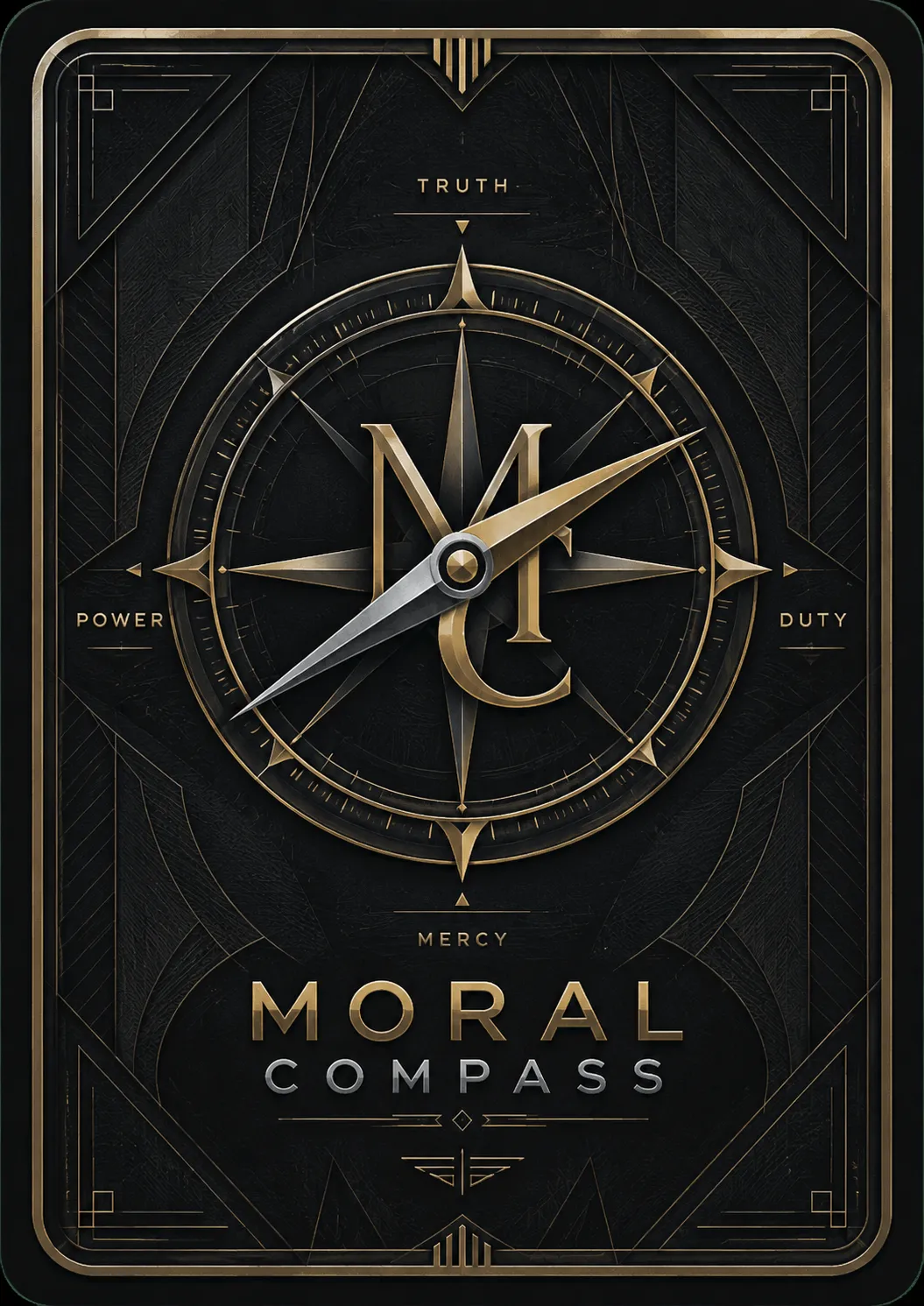 Moral Compass card back featuring a gold compass rose and Moral Compass wordmark