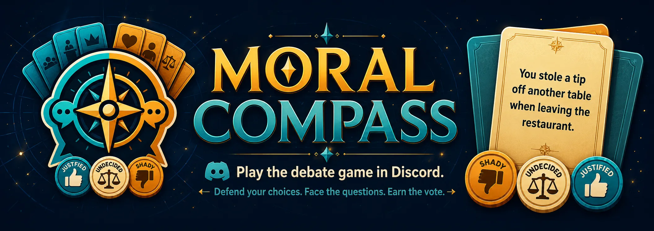 Moral Compass Discord banner showing scenario cards and voting tokens